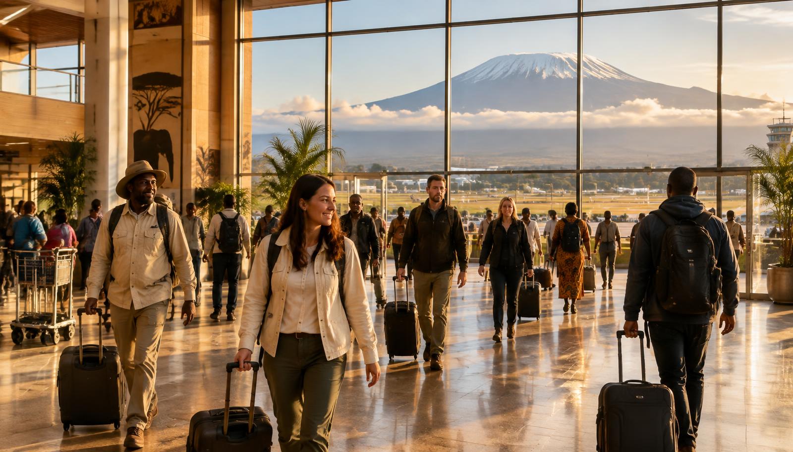 Travellers arriving at Kilimanjaro International Airport with luggage and Mount Kilimanjaro in the background